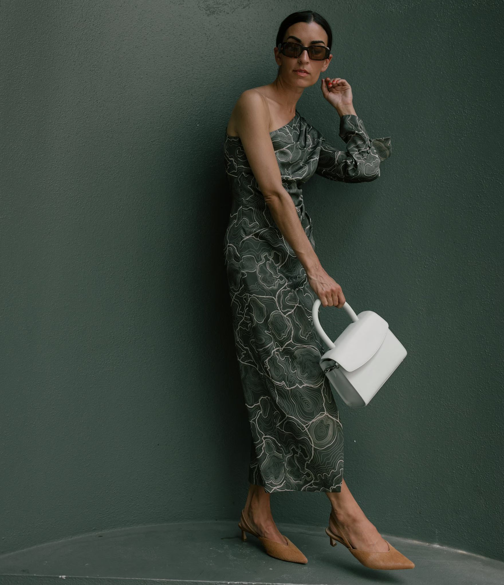 x Elizabeth Damrich Monroe Long Sleeve One Shoulder Satin Midi Dress | Dillard's