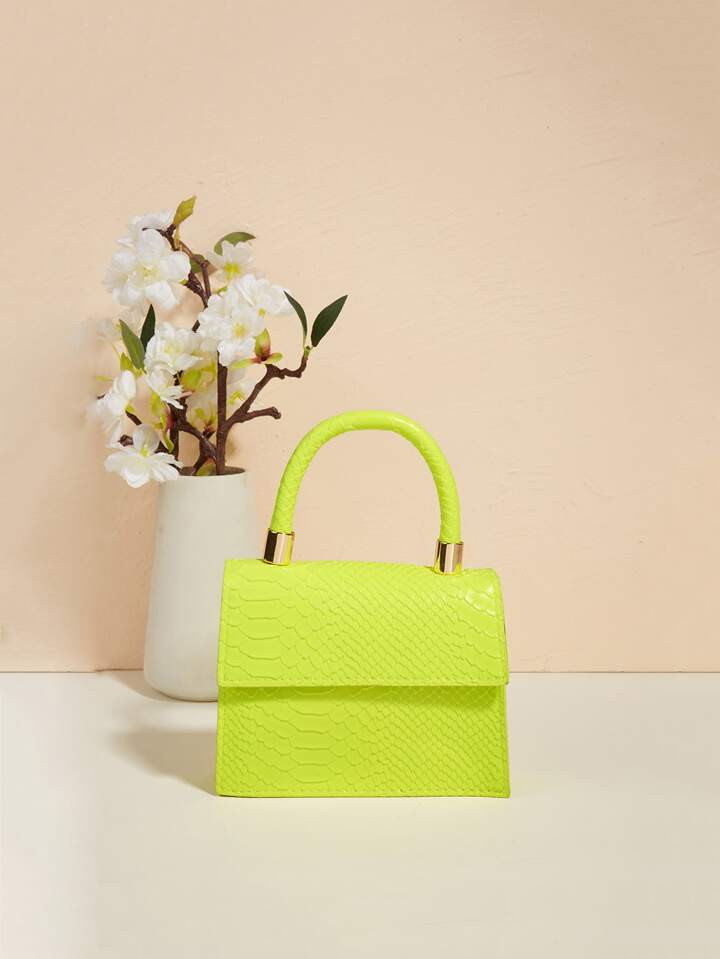 Mini Neon Lime Snakeskin Embossed Flap Square Bag | SHEIN