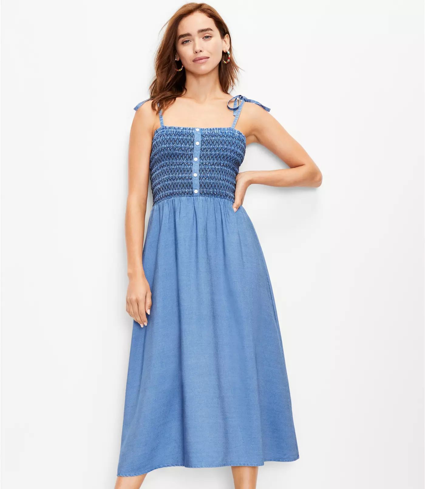 Chambray Smocked Strappy Midi Dress | LOFT