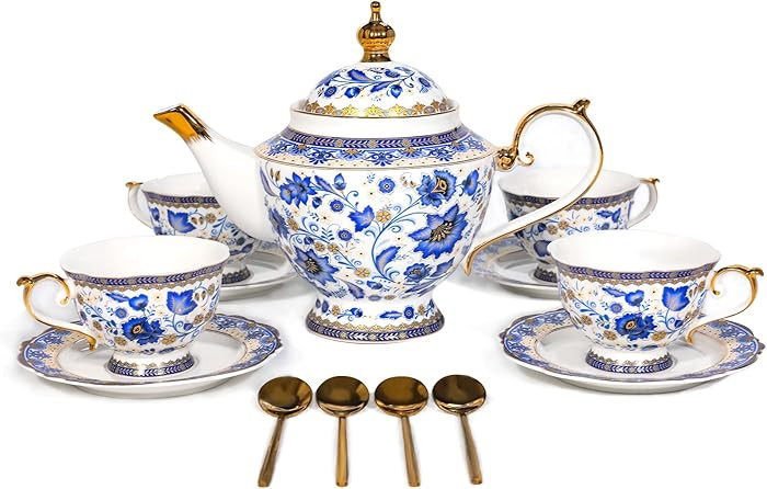 ACMLIFE Bone China Tea Set for Adults, Blue and White Tea Set for 4, Porcelain Vintage Floral Chi... | Amazon (US)