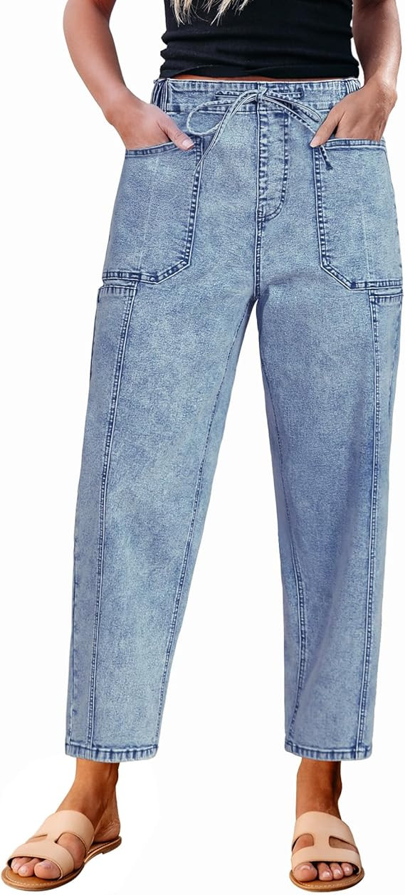 luvamia Barrel Jeans Women Trendy High Waisted Pull On Drawstring Elastic Waist Stretchy Denim Pa... | Amazon (US)