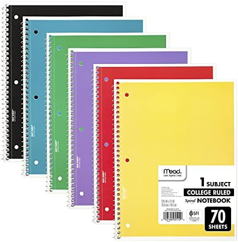 Mead Spiral Notebooks, 6 Pack, 1-Subject, College Ruled Paper, 10-1/2" x 8”, 70 Sheets per Note... | Amazon (US)