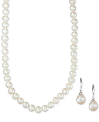 Cultured Freshwater Pearl Necklace (7-7 1/2mm) and Drop Earrings (7x9mm) Set in Sterling Silver -... | Macy's