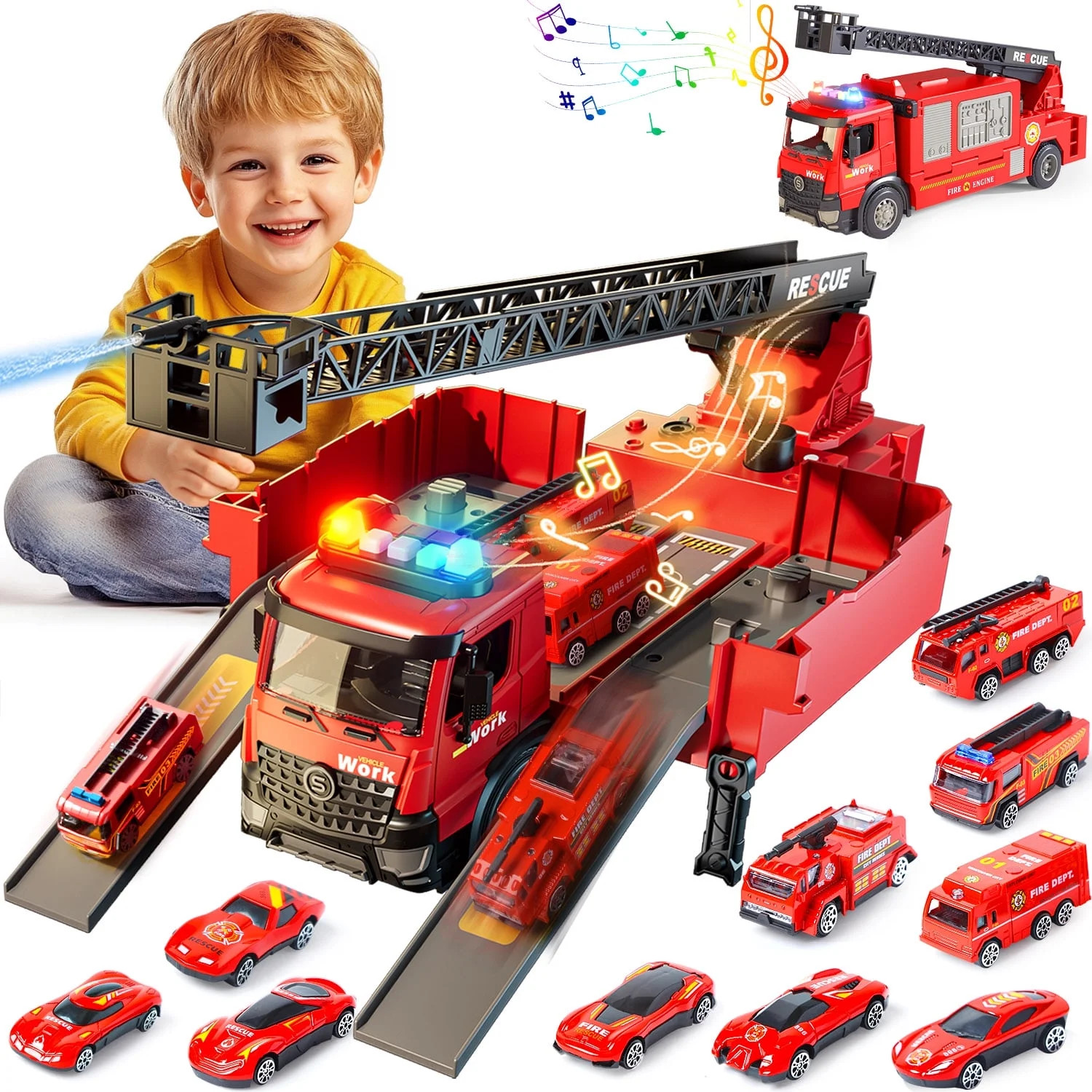 WonderStone Kids Fire Truck Toys, Alloy Deformable Cars with Light & Sound/ Extendable Aerial Lad... | Walmart (US)