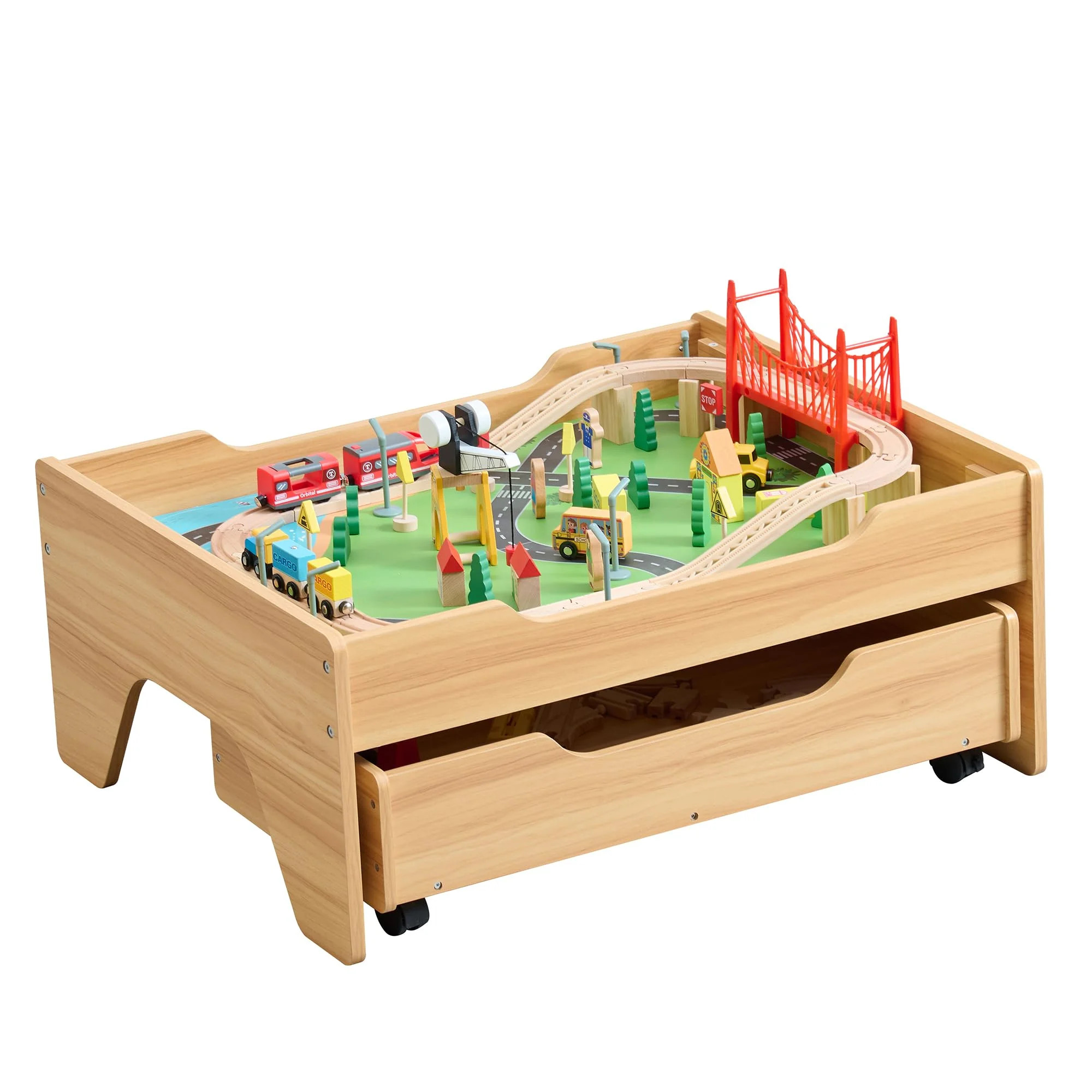 Train Table, 3-in-1 Wooden Kids Train Table with Storage Drawer, Rolling Kids Activity Table with... | Walmart (US)