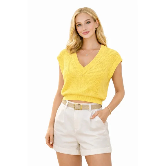 Socal Look Women's Sleeveless V-Neck Sweater Top in Stretchable Viscose Blend Aspen Gold, XS | Walmart (US)