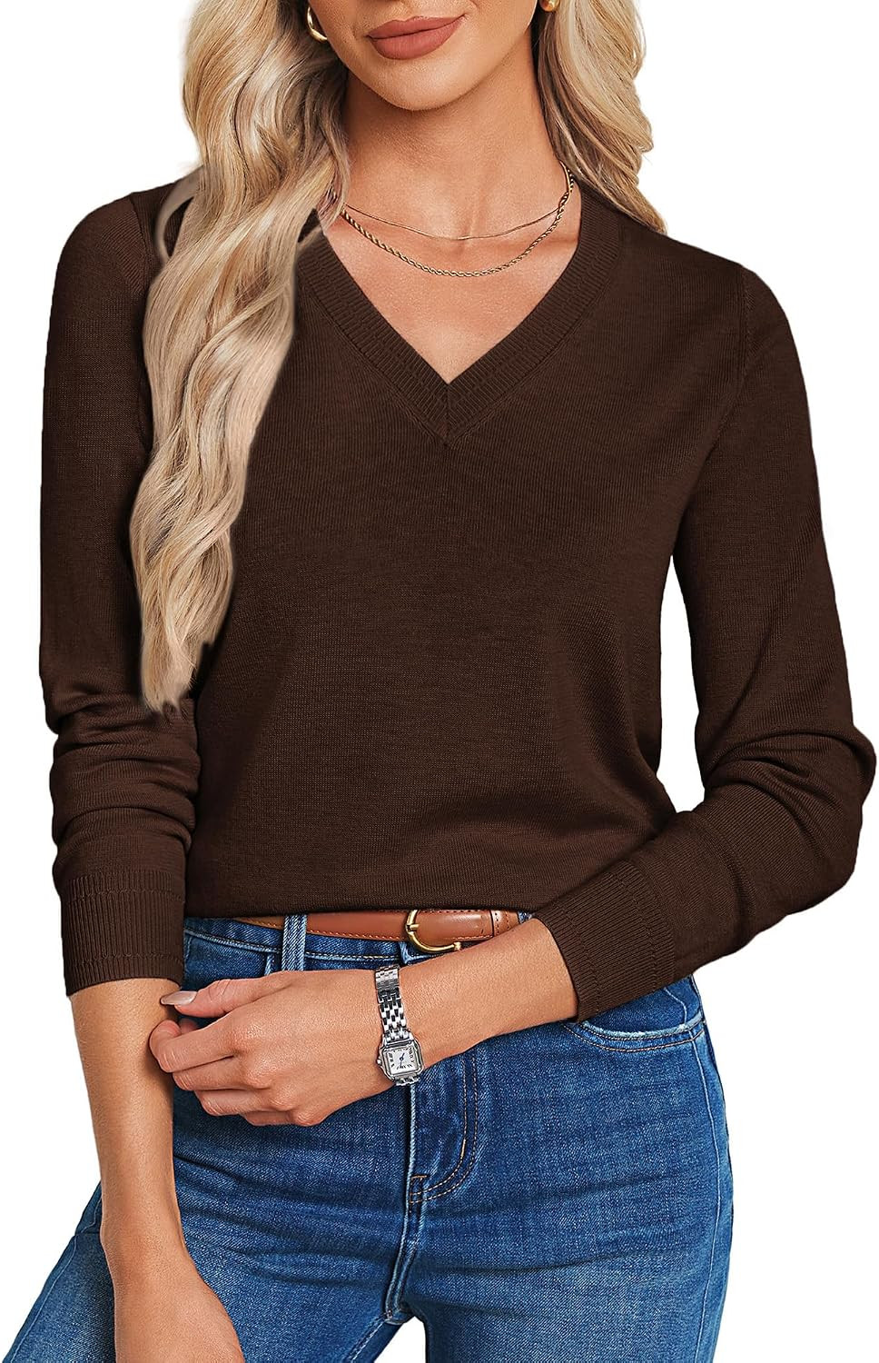 GRACE KARIN Long Sleeve V Neck Sweaters for Women Lightweight Knitted Tops Fall Fashion Clothing Business Casual Outfits | Amazon (US)