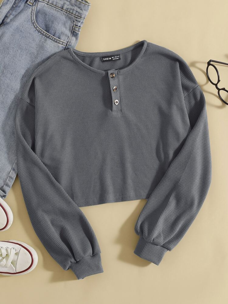 Half Button Drop Shoulder Crop Tee | SHEIN