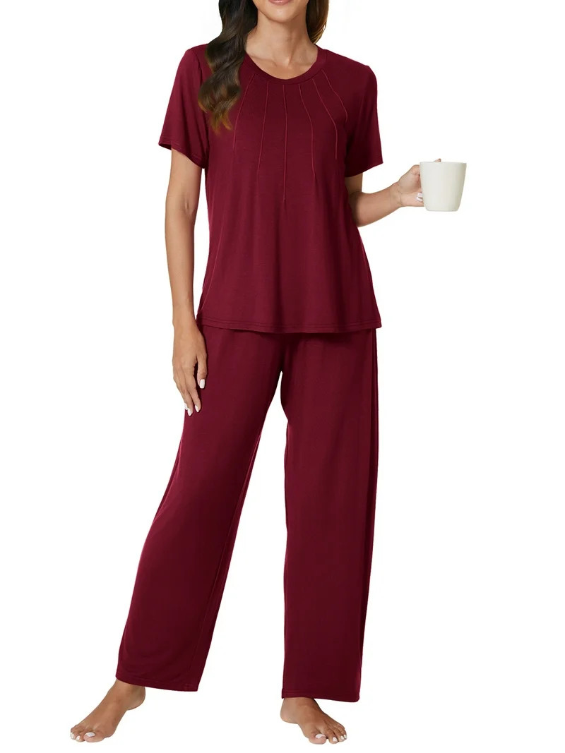 Gleelist Women 2 Piece Pajamas Sets Round Neck Splicing Design Short Sleeve Tops Elastic Waist Pa... | Walmart (US)