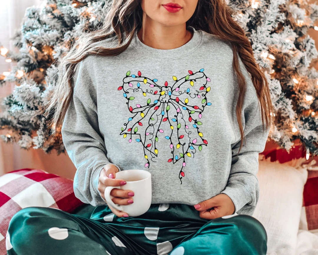 Christmas Lights Bow Sweatshirt, Christmas Bow Sweater, Christmas Bow Top, Xmas Bow Crewneck, Cut... | Etsy (US)