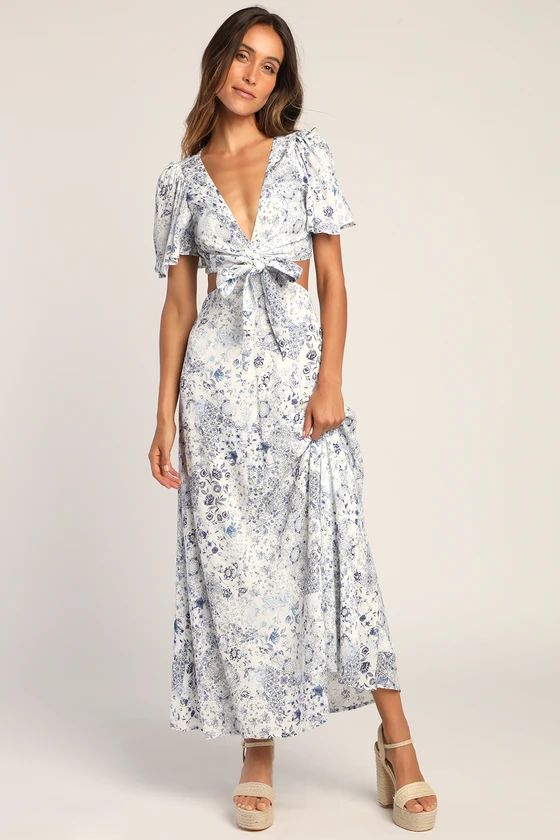 Stroll the Avenues White Floral Print Tie-Front Maxi Dress | Lulus