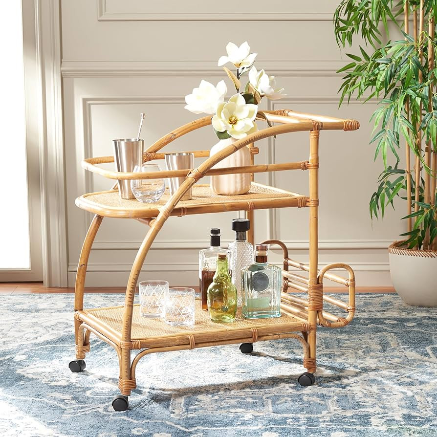 SAFAVIEH Home Collection Treise Tropical Coastal Natural Rattan 2-Tier Bar Cart with Wheels (Full... | Amazon (US)