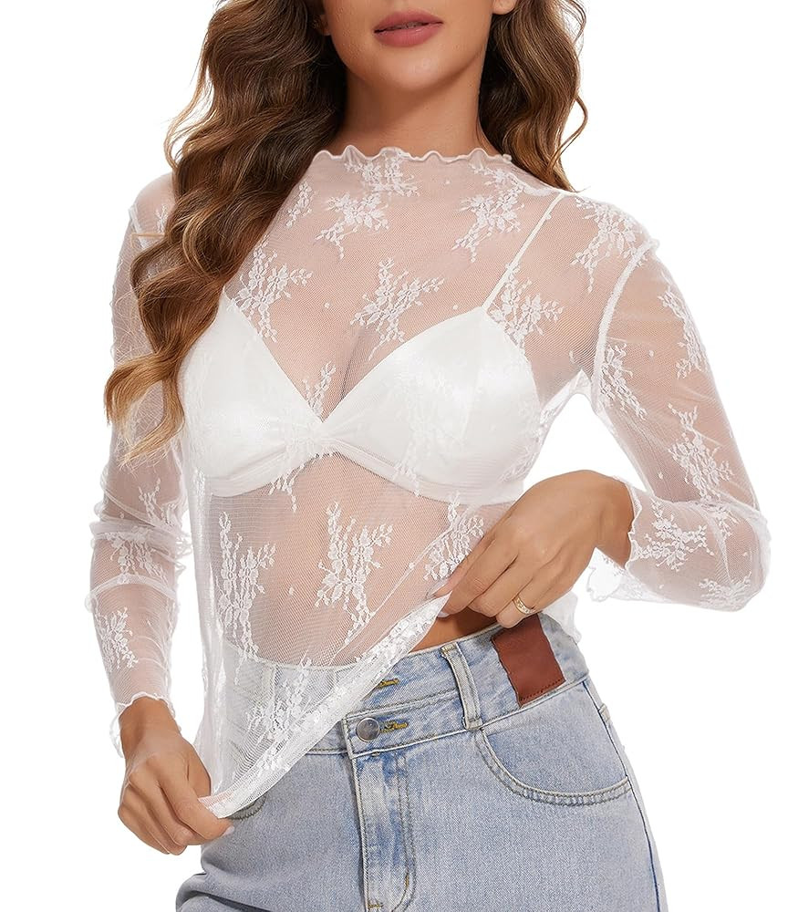 Womens Lace Mesh Long Sleeve Top Floral Sheer See Through Sexy Tops Mock Neck Shirts Party Club N... | Amazon (US)