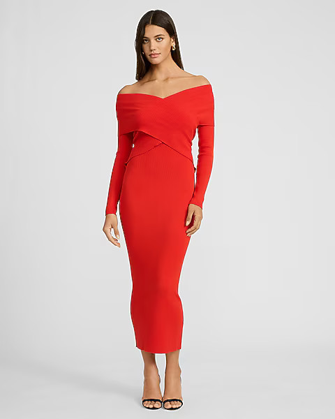 Off The Shoulder Crossover Front Maxi Sweater Dress | Express