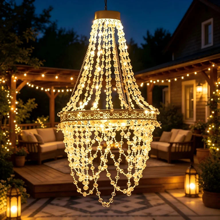Outdoor Solar Crystal Chandelier Light - 54 LED Waterproof Hanging Lantern with Lithium Battery, ... | Walmart (US)