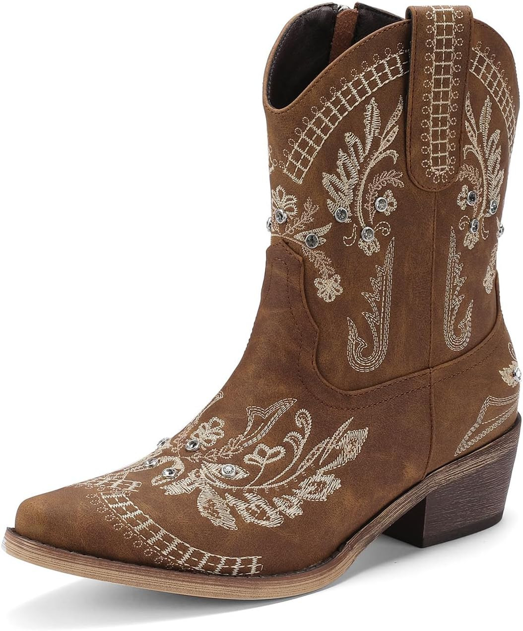 Rhinestone Ankle Cowboy Boots for Women Embroidered Short Cowgirl Boots with Low Heel Side Zipper Comfortable Chunky Heel Western Booties for Prom Party Wedding Pull On Shoes | Amazon (US)