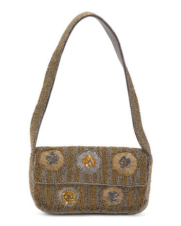 Beaded Shoulder Bag With Floral Details For Women, Leather | TJ Maxx