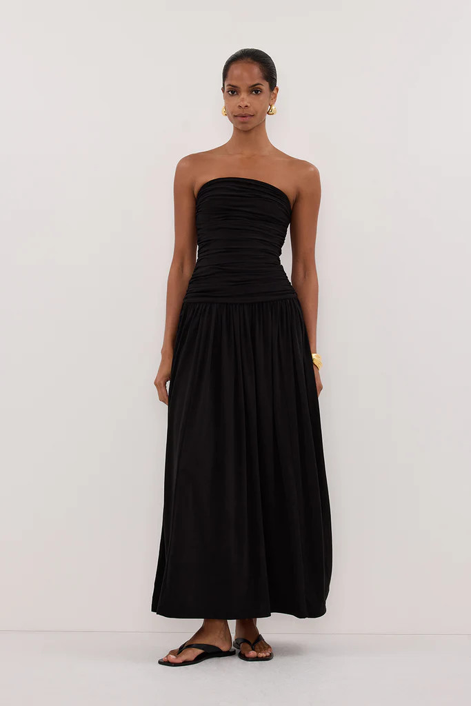 SHARI BLACK STRAPLESS BANDEAU MIDI DRESS | DISSH
