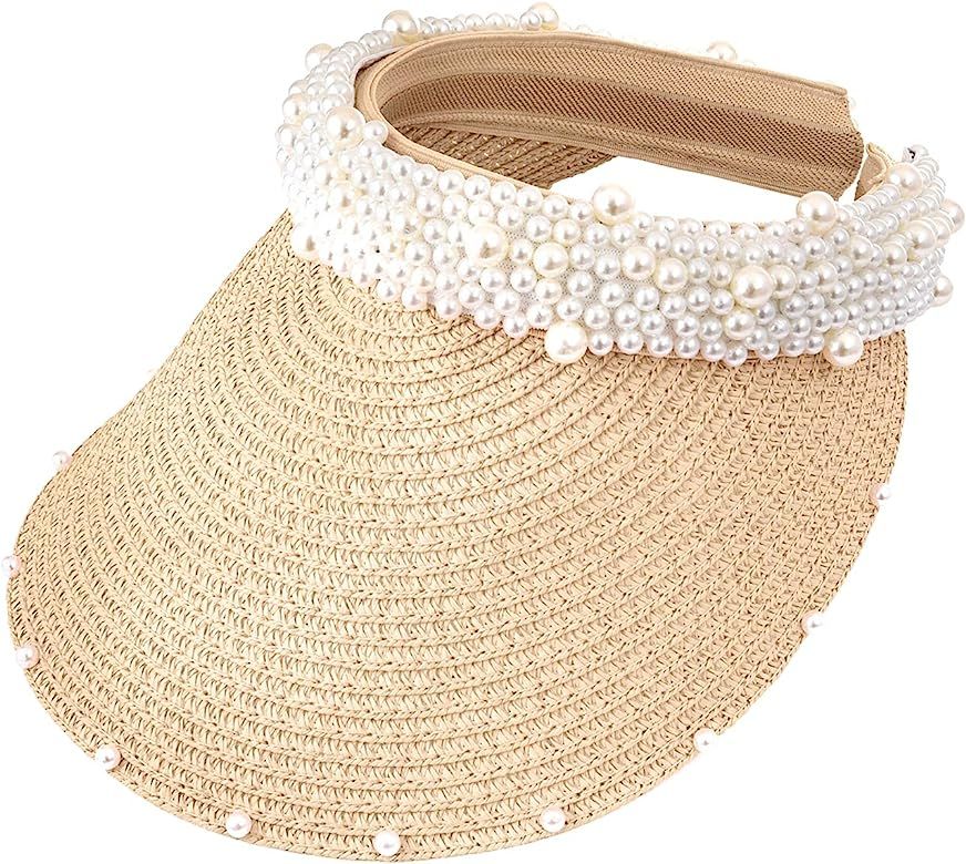 Somewhere Haute Womens Wide Brim Straw Visor with Pearl Headband for Beach Outdoor Sun Hats | Amazon (US)
