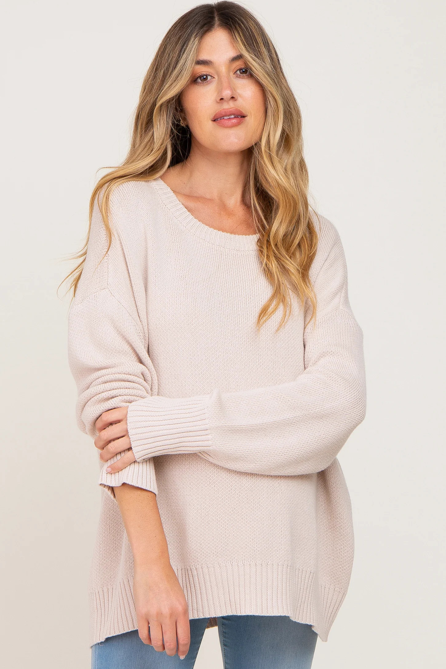 Beige Ribbed Trim Maternity Sweater | PinkBlush Maternity