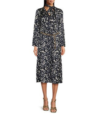 MICHAEL Michael Kors Crinkled Satin Bell Sleeve Tie Neck Chain Belted Midi Dress | Dillard's | Dillard's