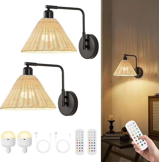 Rattan Rechargeable Wall Sconce Set of 2, Black Battery Operated Wall Lights with Remote, Hand Wo... | Amazon (US)