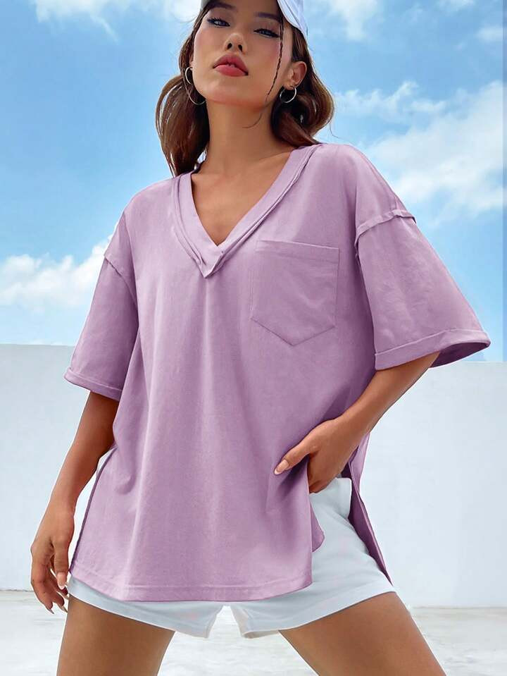 SHEIN EZwear Casual Loose Knit Women V-Neck T-Shirt | SHEIN