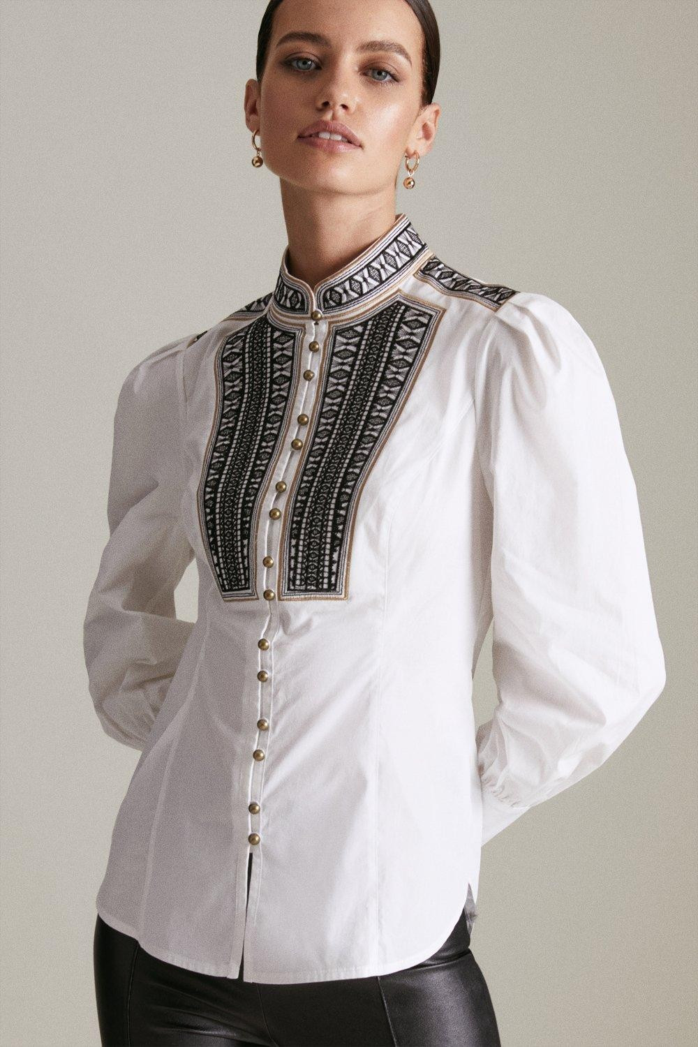 Petite Poplin Tape Embroidery Woven Shirt | Karen Millen UK & IE