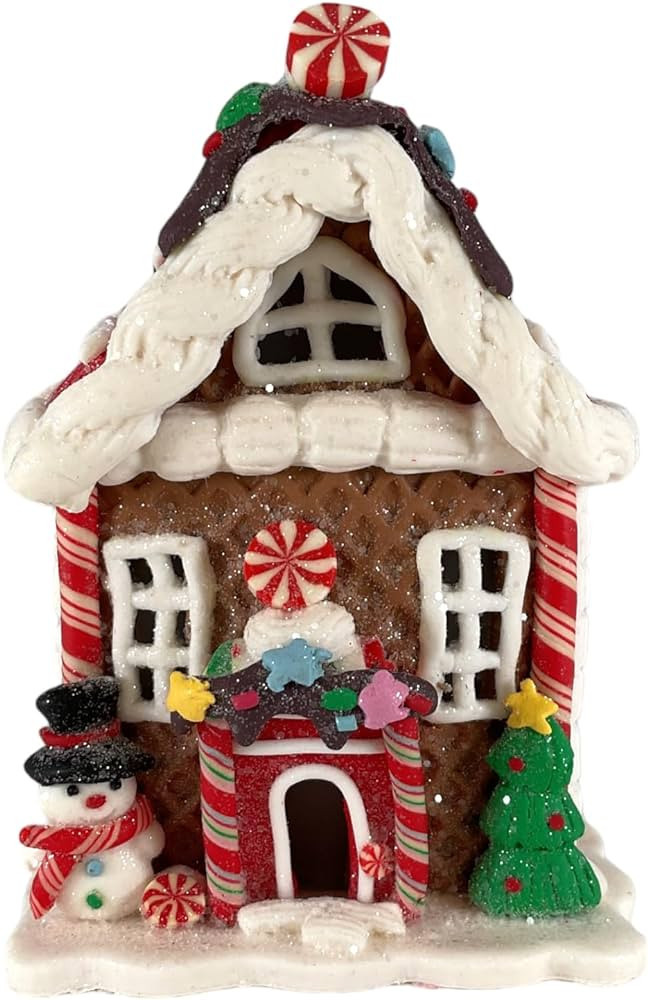 Lighted Claydough Gingerbread House with Snowman Christmas Figurine 5.5 Inch | Amazon (US)