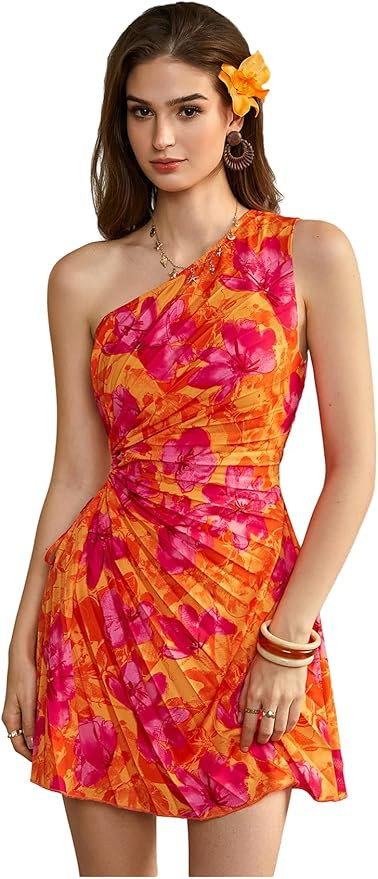 Floerns Women's Floral Sleeveless One Shoulder Drawstring Ruched Vacation A Line Beach Dresses | Amazon (US)