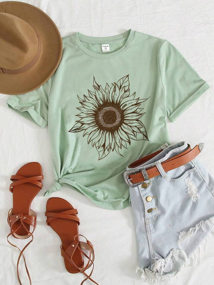SHEIN Teen Girls' Casual Simple Sunflower Printed Short Sleeve Tee, Suitable For Summer | SHEIN