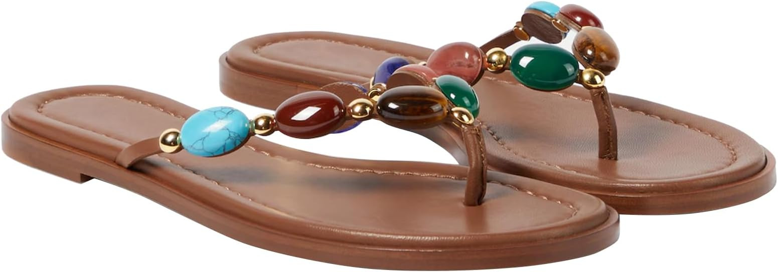 Women Jewelled Thong Strap Open Round Toe Flip Flops Comfy Slip on Flats Sandals Casual Summer Be... | Amazon (US)