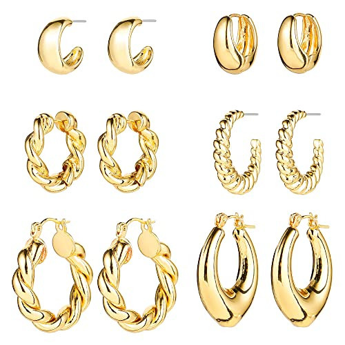 HILXURY Gold Chunky Hoop Earrings Set for Women, 14K Gold Plated Twisted Huggie Hoop Earring Hypoallergenic, Thick Open Hoops Set Lightweight | Amazon (US)