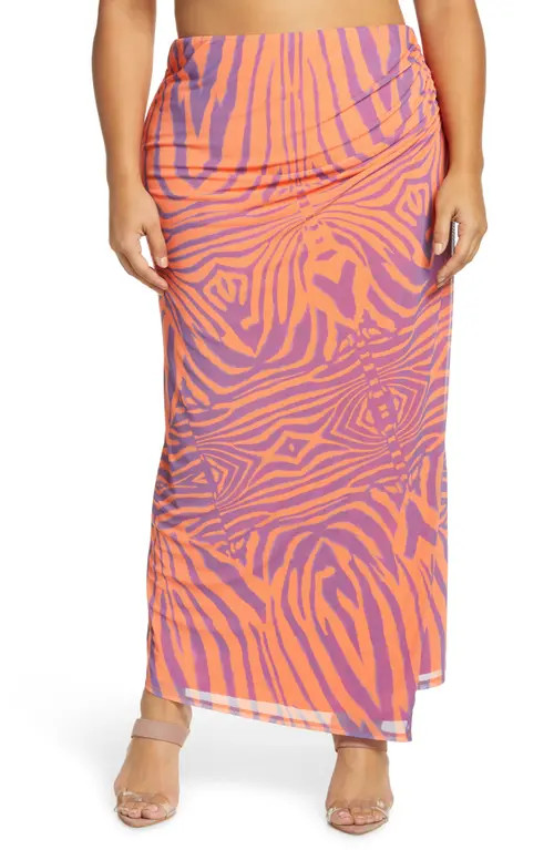 AFRM Dita Zebra Print Ruched Side Maxi Skirt in Orange Zebra at Nordstrom, Size 3X | Nordstrom