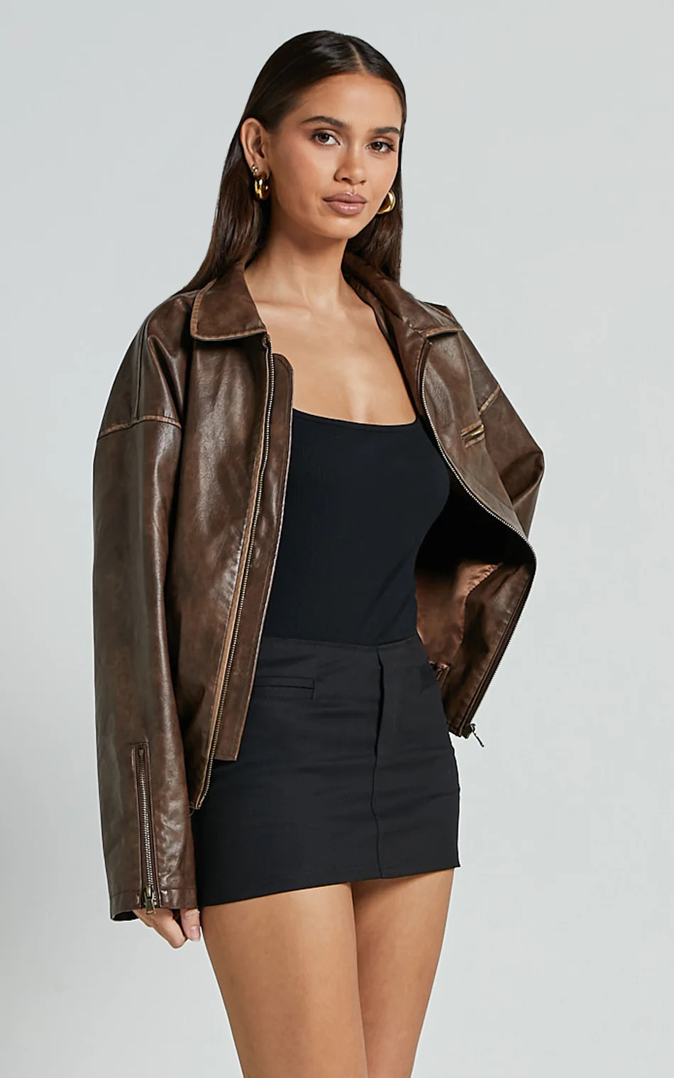 Sophia Jacket - Crop PU Bomber Jacket in Brown | Showpo (US, UK & Europe)