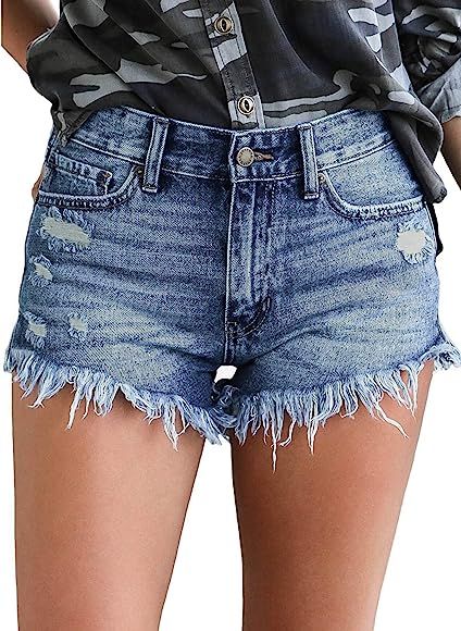 luvamia Women's Casual Denim Shorts Frayed Raw Hem Ripped Jeans Shorts | Amazon (US)