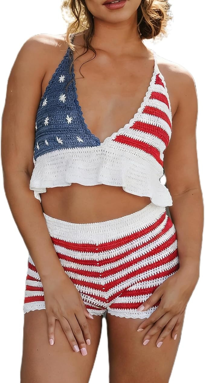 Amazon.com: XFLnaraz Women’s 2 Piece July 4th Shorts Sets American Flag Halter Sleeveless Crop ... | Amazon (US)