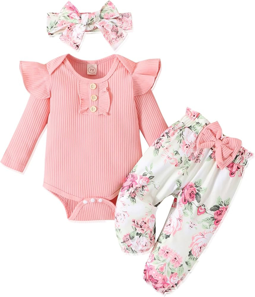 GDTOGRT Baby Girl Clothes Newborn Infant Outfits Ruffle Romper+ Floral Pants + Cute Headband Sets... | Amazon (US)