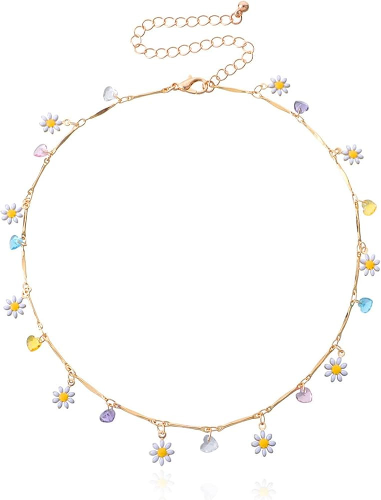 Dainty Gold Colorful Gemstone Flower Choker Necklace for Women,Boho Handmad Flower Necklace Beach... | Amazon (US)