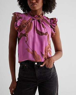 Metallic Floral Ruffle Mock Neck Flutter Sleeve Gramercy Tee | Express