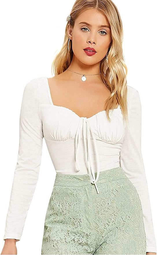 Floerns Women's Square Neck Tie Front Long Sleeve Bustier Milkmaid Tee Top | Amazon (US)
