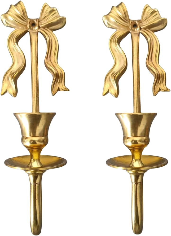 Brass Wall Candle Sconces Wall Decor Set of 2,Antique Gold Bowtie Candle Stick Holders,Wall Mounted Wall Decoration,for Living Room,Dining Room, Bedroom（No Candle (Gold 1) | Amazon (US)