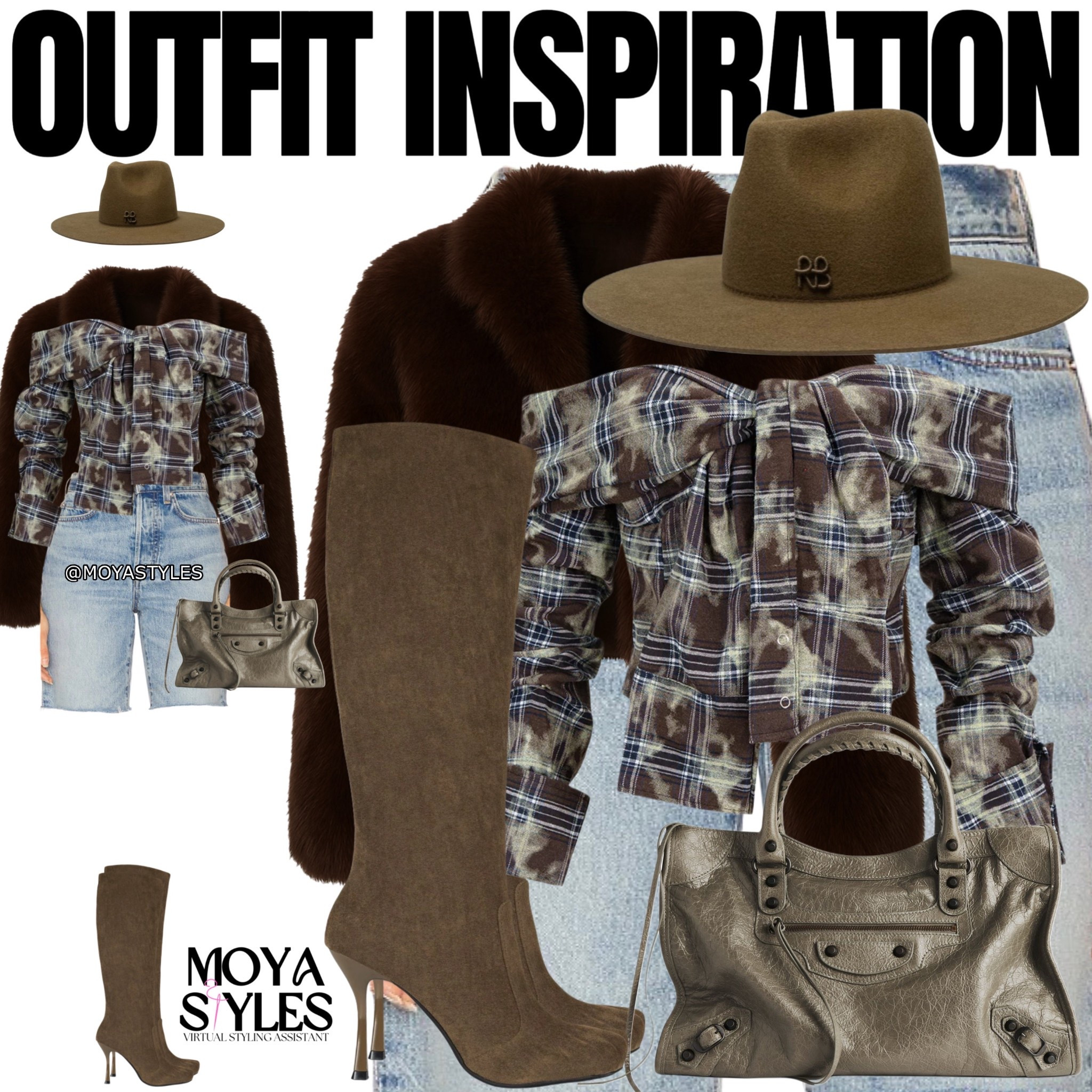 The Logo-embellished Fedora Hat is from Ruslan Baginskiy in beige. 

The Plaid Print Off-Shoulder Smocked Long-Sleeve Shirt is from Micas. 

The Conform-K boots are from Jeffrey Campbell. 

#LTKSeasonal #LTKSaleAlert
