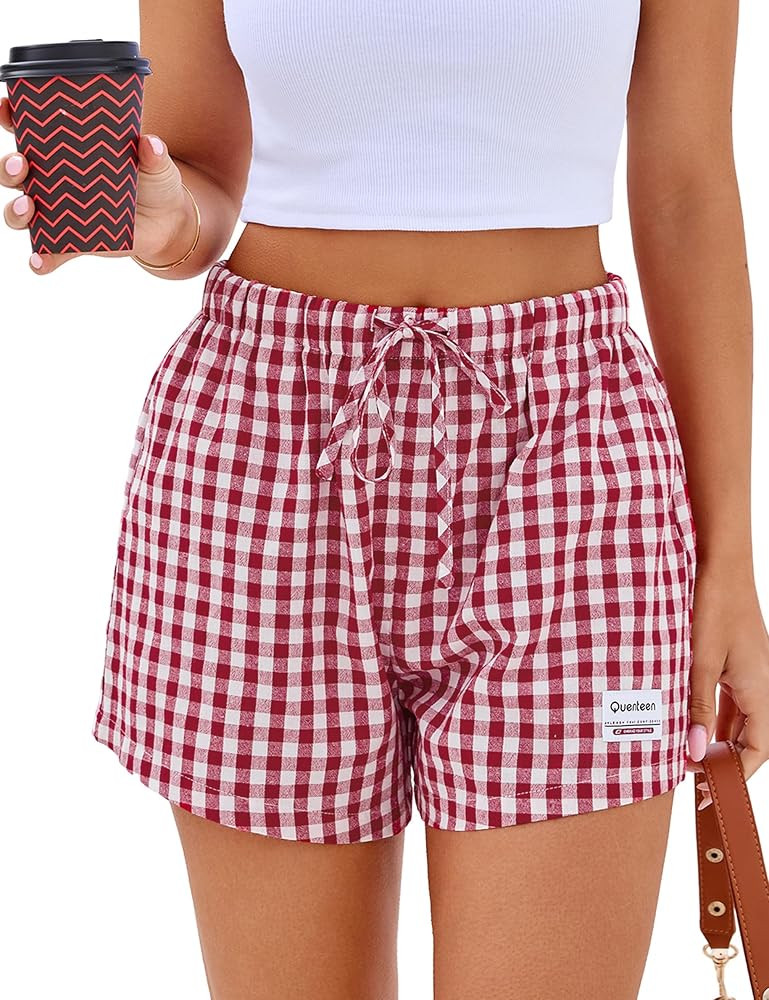 Quenteen Women's Boxer Shorts Summer Gingham Striped Drawstring Plaid Lounge Shorts Y2K Beach Bot... | Amazon (US)