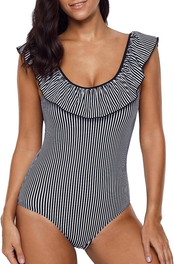 Holipick Women Vintage One Piece Flounce Striped Backless Swimsuit Ruffle Shoulder Swimwear | Amazon (US)