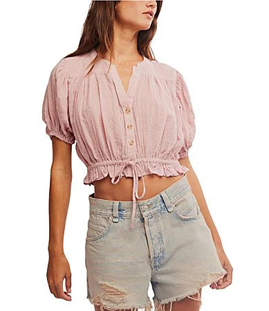 Free People Little Cloud Split Neck Short Puff Sleeve Shirt - L | Dillard's