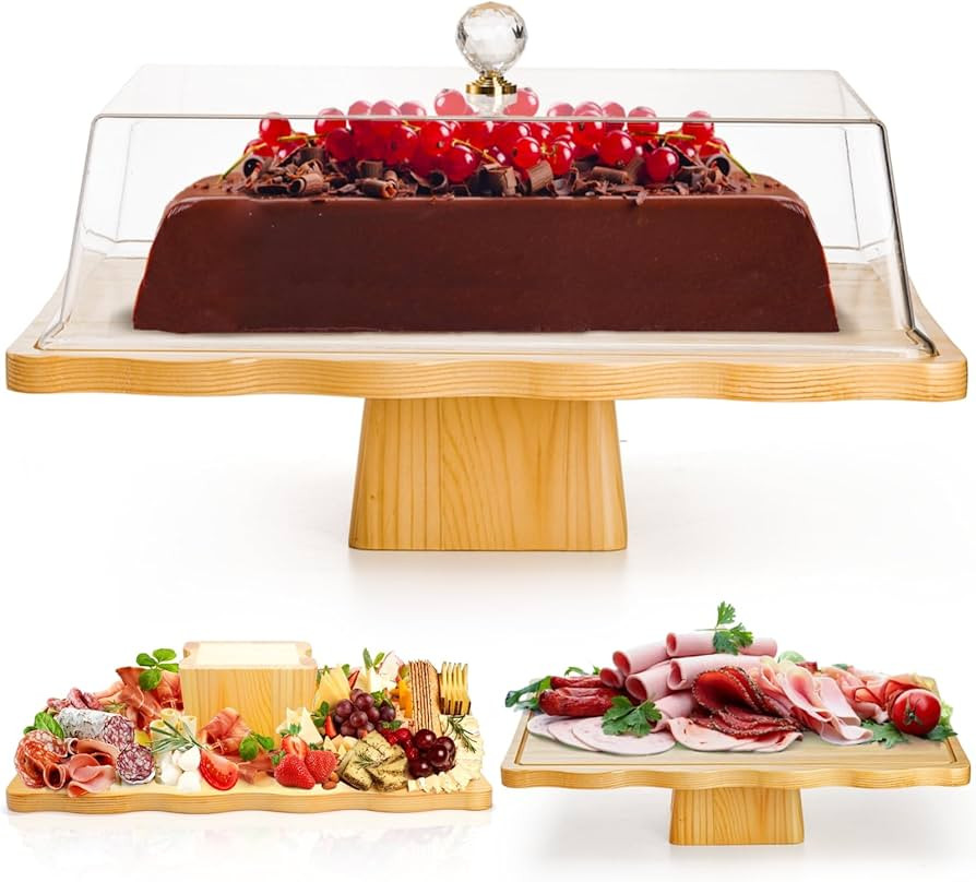 Pumtus Wood Cake Stand with Lid, 2-in-1 Multifunctional Serving Platter, Rectangular Cake Holder ... | Amazon (US)