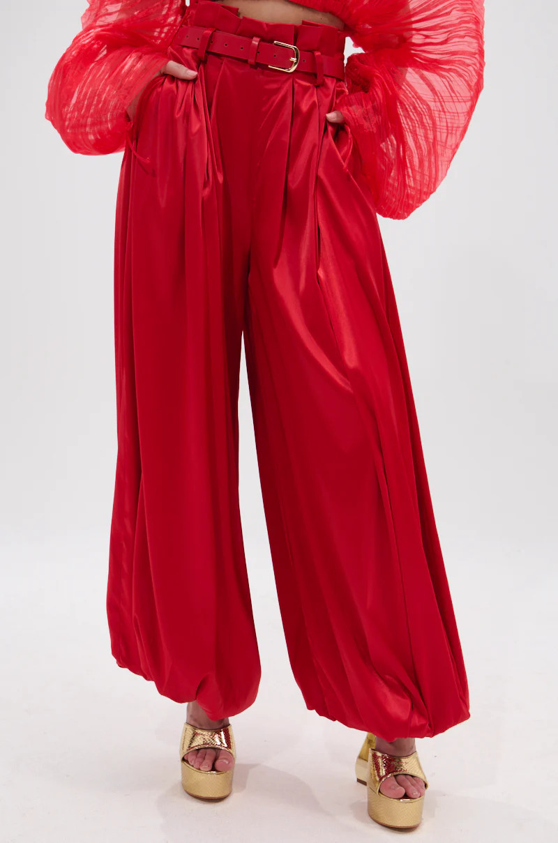 FORTUNE'S FAVORITE SATIN BELTED BALLOON PANT IN RED | AKIRA