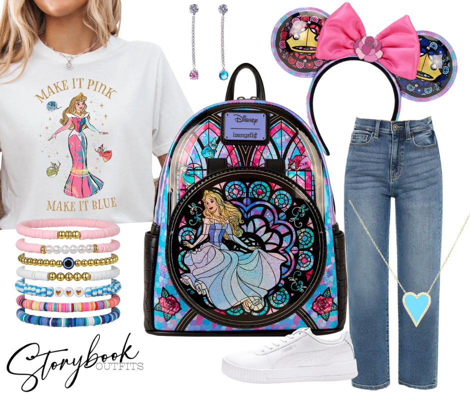 A Sleeping Beauty Disney park outfit inspired by the most iconic moment of them all ✨
Stained-glass Loungefly magic, dreamy Minnie ears, soft denim, comfy white sneakers, and pastel accessories that pull the whole fairytale together. 

 #LTKTravel