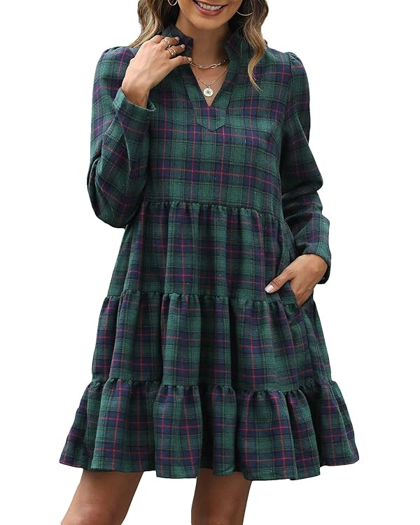 Women's Plaid Print Tunic Dress Long Sleeve V Neck Loose Shirt Dress Ruffle Hem Casual Swing Baby... | Amazon (US)